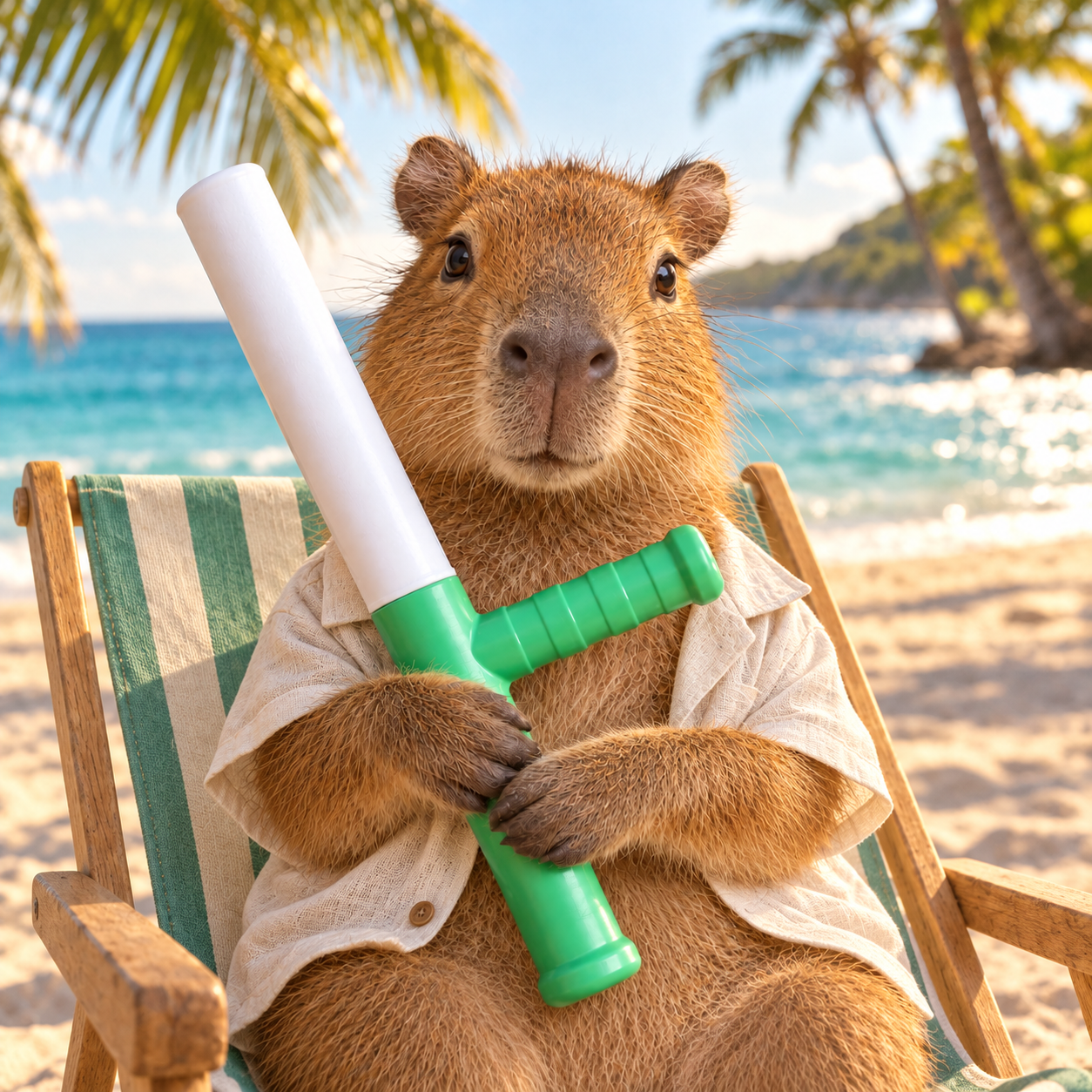 CapyBonk relaxing in a striped beach chair beside a turquoise tropical sea