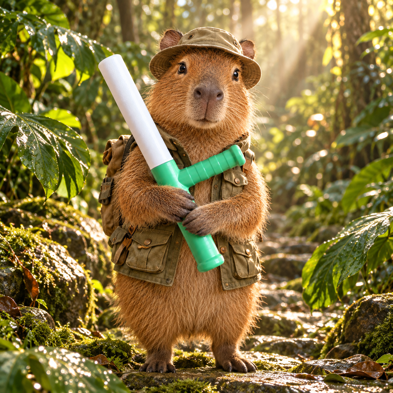 CapyBonk in an explorer vest and hat among sunlit jungle leaves