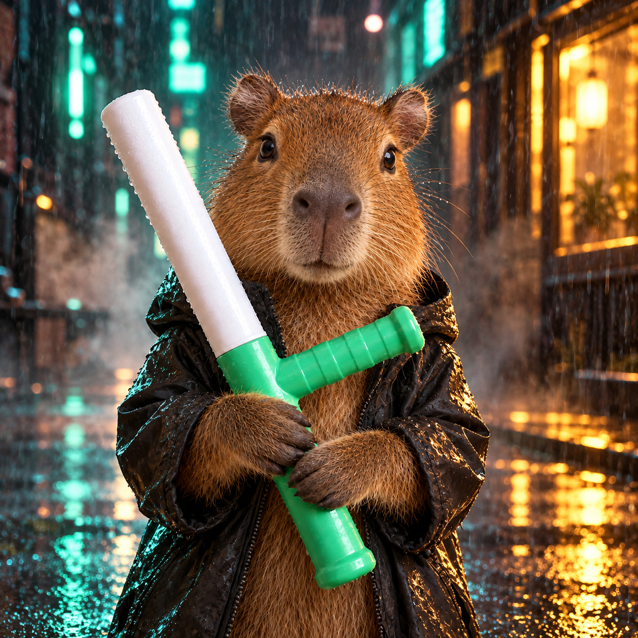 CapyBonk wearing a rain jacket in a glowing neon alley