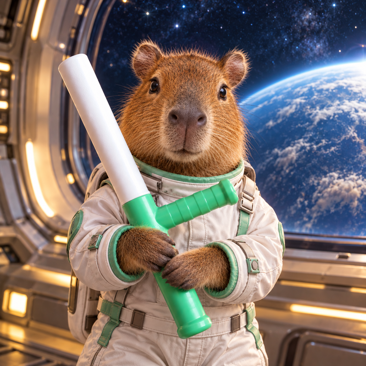 CapyBonk in a white spacesuit with Earth visible through the spacecraft window